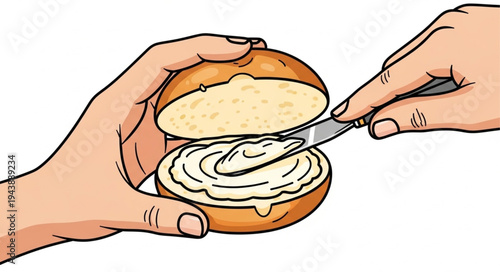 Hands spreading cream on bun.