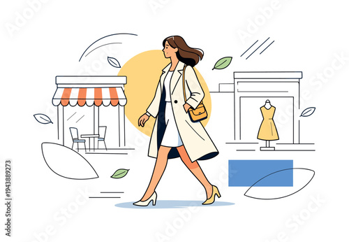 Urban elegance. A graceful woman in a light beige coat walks past simplified storefronts, soft shadows under