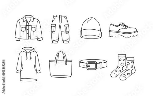 "Urban Casual Fashion". Minimalistic set one-line drawing denim jacket, cargo pants, platform shoes, beanie
