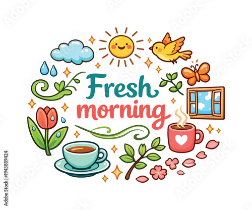 Fresh Morning Glow. Fresh morning. Hand drawn illustration of Fresh morning. sun with soft rays, dew drops,