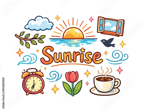 Sunrise Doodle Art. Sunrise. Hand drawn illustration of Sunrise. rising sun, sun rays, fluffy cloud, bird