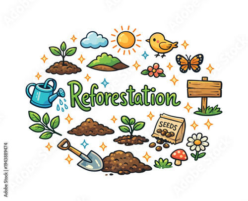 Reforestation. Hand drawn illustration of Reforestation. tree sapling, watering can, shovel, small hill, sun,