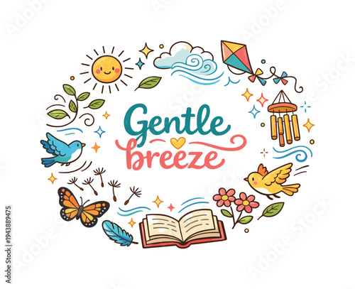 Gentle breeze. Hand drawn illustration of Gentle breeze. swirling leaves, dandelion seeds, fluttering