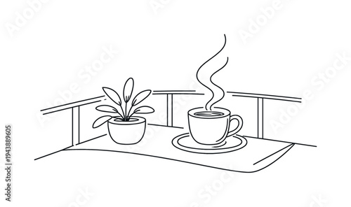 "Relaxing Terrace Coffee". Minimalistic one-line drawing latte cup with steam rising, a potted plant nearby,