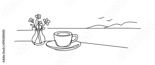 "Morning Espresso". Minimalistic one-line drawing espresso cup with saucer next to a small vase of flowers on