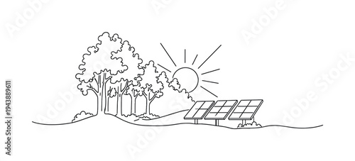 "Sustainable Landscape". Minimalistic one-line drawing small solar array near a forest clearing with sunlight