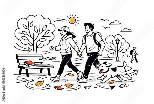 Energetic Park Stroll. Park walks. People strolling along tree-lined paths, sunlight filtering through leaves,