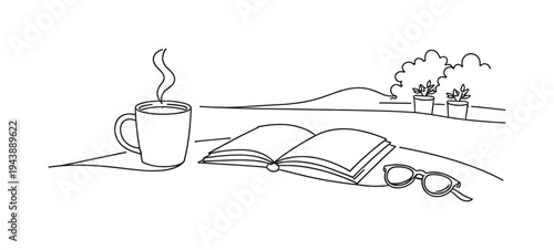 "Outdoor Coffee Moment". Minimalistic one-line drawing coffee mug beside an open book and sunglasses on a