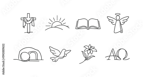 "Resurrection Symbols". Minimalistic set one-line drawing cross with draped cloth, sunrise behind hill, open
