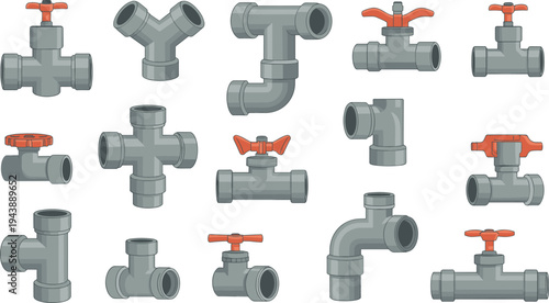 Industrial plumbing pipe fittings and valve connectors vector illustration set with elbows tees joints pipeline engineering hardware equipment icons