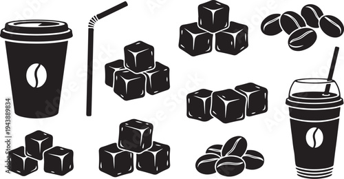 Coffee cups and sugar cubes on a white background