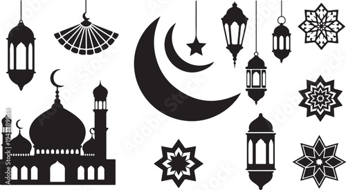 Ramadan Kareem Islamic Symbols and Decorations Vector Illustration Set