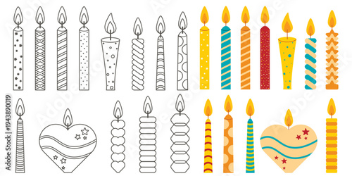 Burning candles of various shapes clip art collection. Black outline and color versions of festive decorative candles with flames. Vector elements