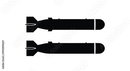 Two black silhouettes of torpedoes or missiles side view