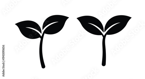 Two simple black silhouettes of young plant sprouts with leaves