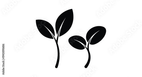 Simple black and white illustration of two sprouting plant leaves