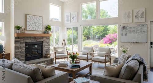 Modern and bright residential living room interior designed for comfort and community wellness