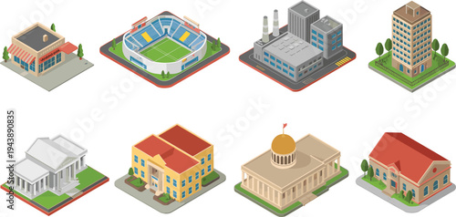 Isometric city buildings set including stadium, factory, office tower, school, government building and shop urban architecture vector illustration