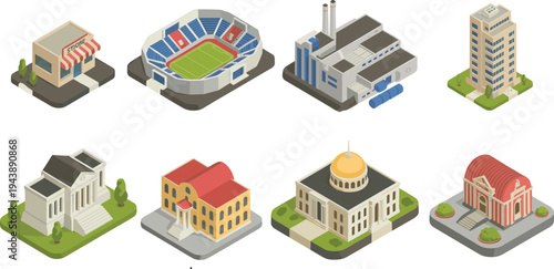 Isometric city buildings collection including stadium, factory, office tower, government hall, school and shop urban architecture vector illustration