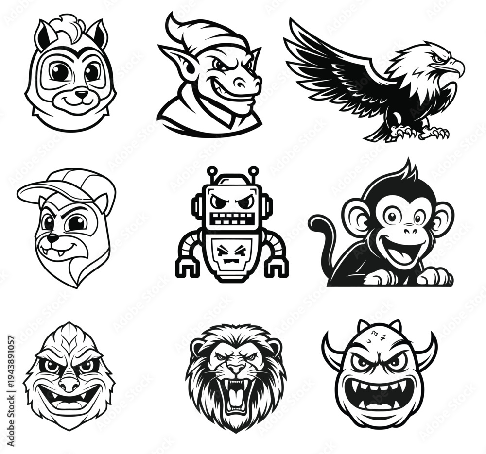 Obraz premium A high-quality collection of nine vector mascot illustrations featuring an eagle, a robot, a lion, a monkey, and various fantasy creatures.