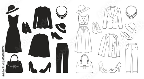 Fashion collection sketches of dresses suits accessories and footwear