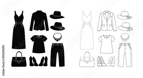 Fashion illustration displaying various clothing items and accessories in black and white