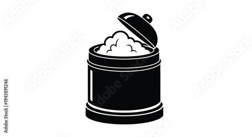 Black and white illustration of a cylindrical container with an open lid