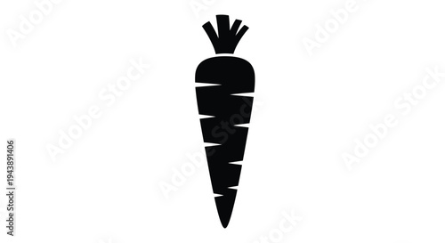 A simple black silhouette of a carrot with green leafy tops