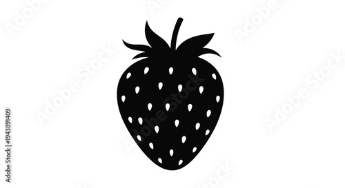 A simple black silhouette of a ripe strawberry with small seeds