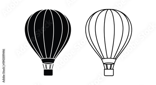 Two hot air balloons are illustrated in a simple black and white design
