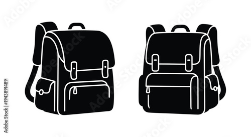 Two black silhouette illustrations of classic school satchels or backpacks