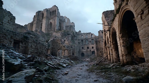 Ruined castle interior, atmospheric decay, digital painting, conceptual art