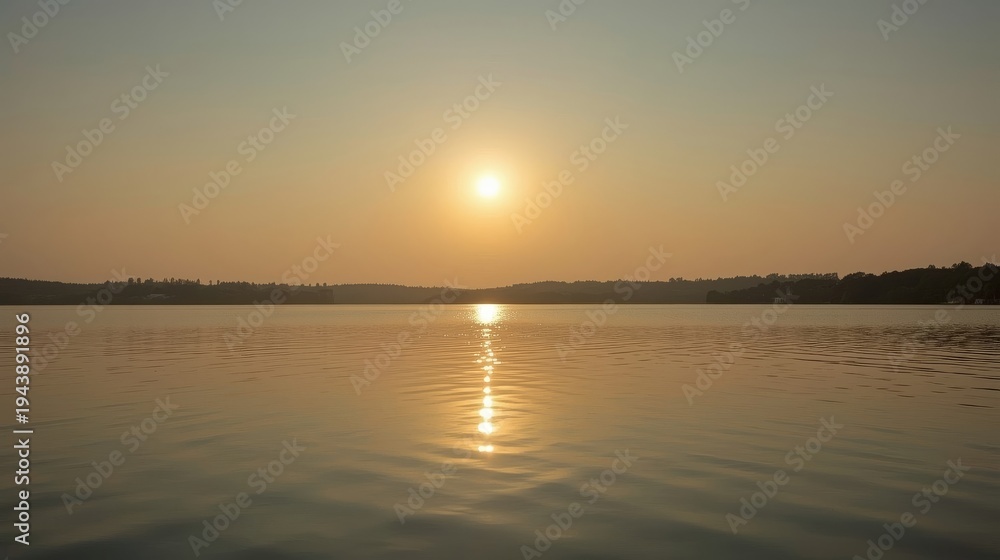 Obraz premium Golden Sunrise Reflection Over Calm Lake Water
