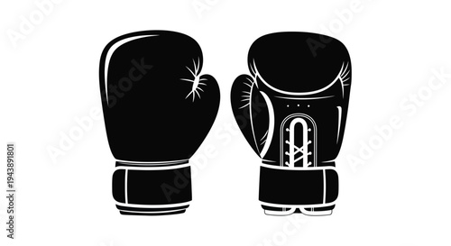 Two black boxing gloves displayed side by side in a minimalist style