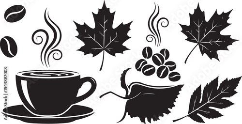 Autumn Coffee Concept with Leaves and Steam Illustration