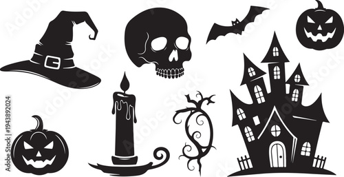 Halloween icons including haunted house and spooky symbols