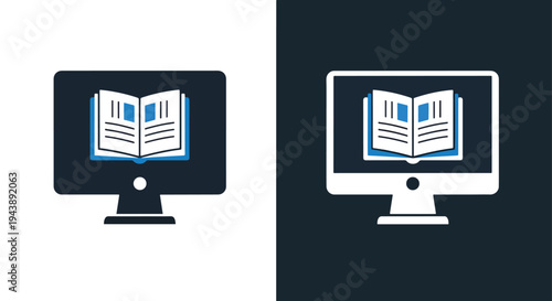 Open book icon set on computer screens vector blue - Line and glyph solid icon and logo templete - Blue icon set - Minimalist, flat icon