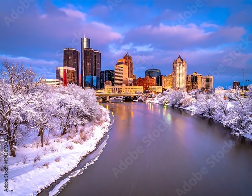 Snowy cityscape with river and trees