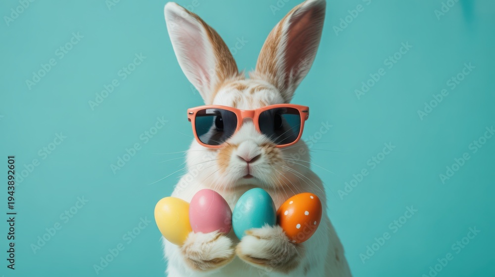 Fototapeta premium Easter bunny wearing sunglasses holding colorful eggs
