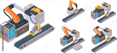 Isometric robotic arm factory automation system with conveyor belt smart manufacturing technology industrial production line vector illustration isolated background