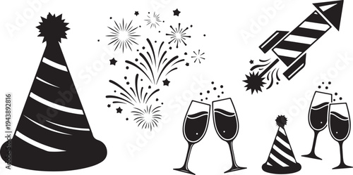 New Year's Eve Celebration Icons and Party Symbols Illustration