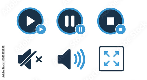 Blue media player vector icon set minimal design - Minimalist, flat icon, outline, glyph, linear, clipart, sticker - Blue icon set - Glyph icon