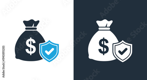 Money bag icon set with shield success vector - Line and glyph solid icon and logo templete - Blue icon set - Minimalist, flat icon