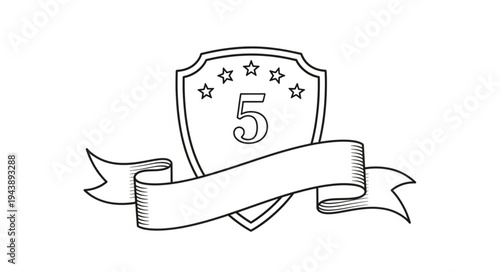 Hand drawn shield with number five and banner illustration.
