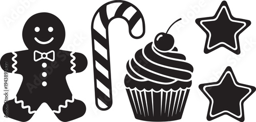 Black and white Christmas icons and holiday treats illustration
