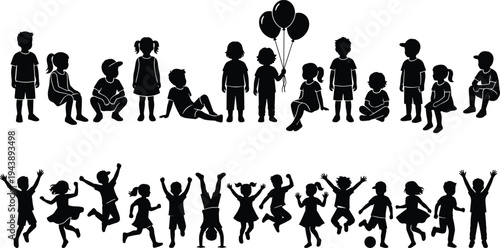 Kids silhouettes collection with standing sitting playing running and jumping children activity poses childhood lifestyle concept isolated set