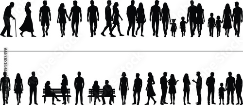 Human life stages silhouettes set featuring walking couples families children elderly people standing sitting and social interaction isolated on white background