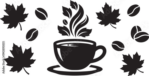 Black coffee cup with leaves and coffee beans falling