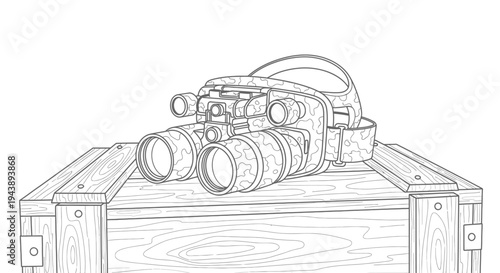 Night Vision Goggles on Wooden Crate - Military Equipment Line Art