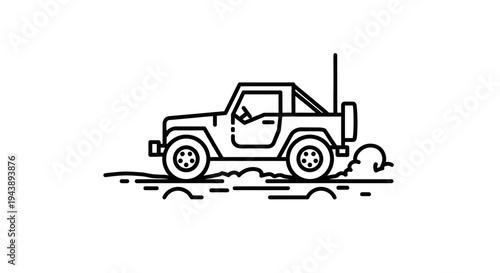Off-road vehicle driving through dirt and dust, minimalist line art